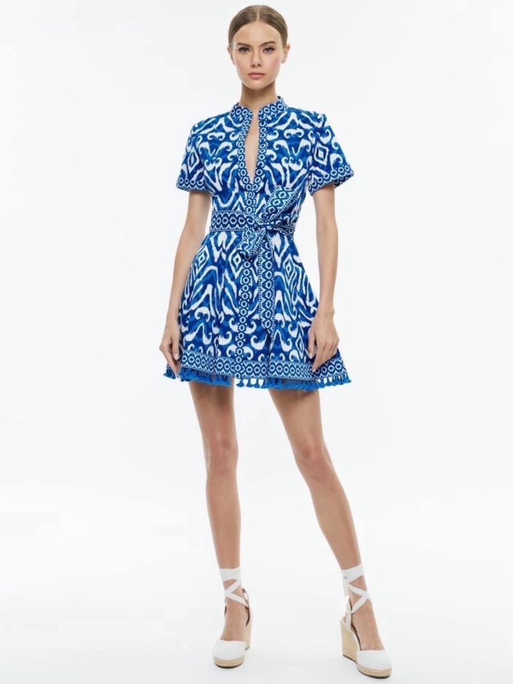 Alice + Olivia Rolled Sleeve Mini Shirt Dress Artisan Ikat French Blue Size 0 - Picture 1 of 16